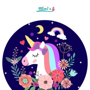 IMPRESION COMESTIBLE TEMÁTICA UNICORNIO. 20CM X 20 CM, CIRCULAR