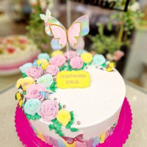 Tarta Cumpleaños Elegante Flores Mariposas