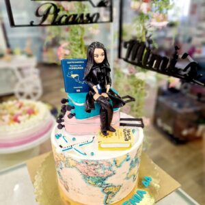 Tarta Cumpleaños Mapamundi Viaje Maleta Avión Muñeca Fondant
