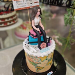 Tarta Cumpleaños Mapamundi Viaje Maleta Avión Muñeca Fondant